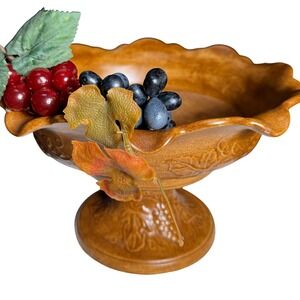 Compote Pedestal Footed Bowl Centerpiece Grape Vintage Pottery Design Amber 1972